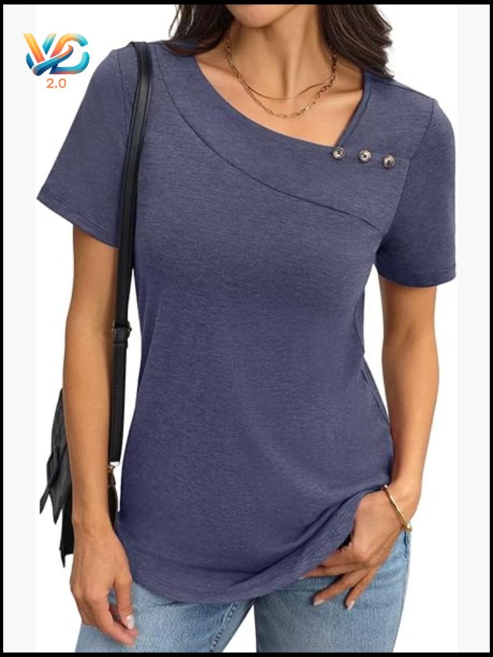 Asymmetrical Neck Tunic Tops Dressy Casual Curved Hem Short Sleeve T Shirt with
